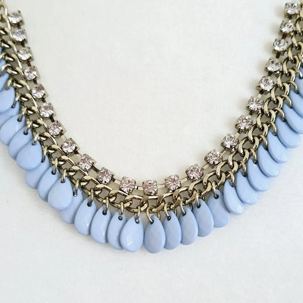 Statement Necklace Blue Beaded Rhinestone Chain Classic Retro Cocktail Party 22